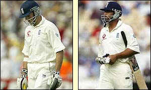 Marcus Trescothick and Mark Butcher both return to the pavilion after being dismissed lbw