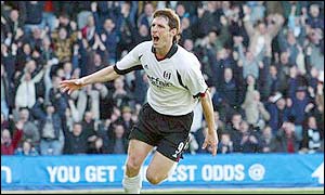 Facundo Sava celebrates after he scores the first goal for Fulham against Liverpool