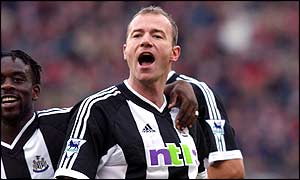 Alan Shearer celebrates his 100th Premiership goal for Newcastle