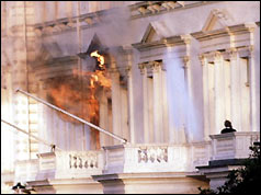 Iranian embassy on fire during the raid by the SAS