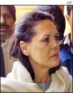 Congress leader Sonia Gandhi during a visit to the Raghunath temple