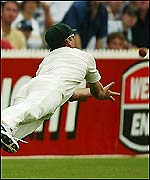 Glenn McGrath catches Michael Vaughan on the final day