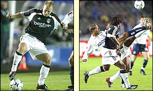 Fulham's Bjarne Goldbaek holds on to possession and Rufus Brevett challenges Berlin striker Macelinho during the first half