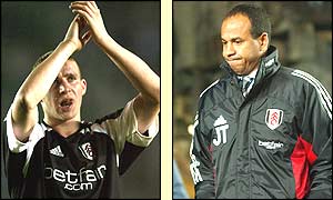 Sean Davis claps the fans as Fulham manager Jean Tigana contemplates his side's 2-1 defeat