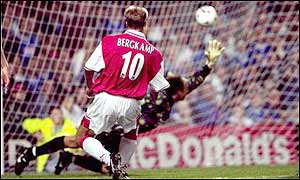 August 1997 - Bergkamp scores his first Arsenal hat-trick against Leicester