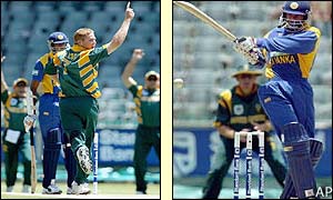 South Africa's Sean Pollock dismisses Sri Lankan batsman Jehan Mubarak and Russel Arnold plays a hook shot