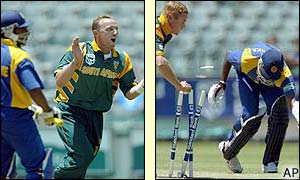 Alan Donald takes the wicket of top scorer Mahela Jayawardene and Prabath Nissanka is run out