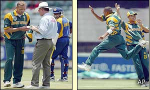 Allan Donald talks to umpire Russell Tiffin as Makhaya Ntini celebrates taking a wicket