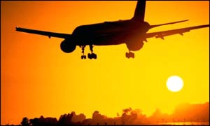 Plane flying at sunset