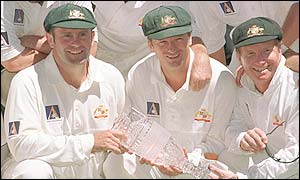 Left to right, Mark Taylor, Steve Waugh Ian Healy pose after yet another series victory over England 
