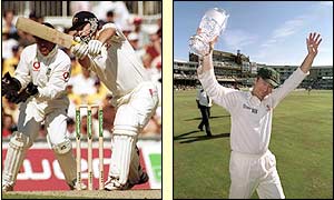 Waugh hits a cover drive against England, then parades around the Oval with the Ashes trophy
