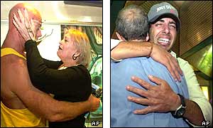 Relieved passengers are met by their relatives at Ben Gurion airport