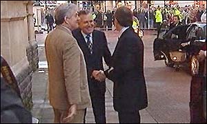 Tony Blair is greeted by Rhodri Morgan and Peter Hain