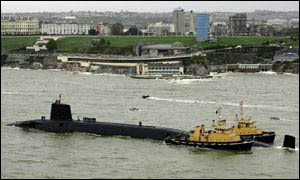 HMS Vanguard arriving in Plymouth