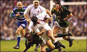 Corne Krige tackles Phil Vickery in Saturday's Test