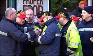 Firefighters waiting to protest against Tony Blair in Cardiff