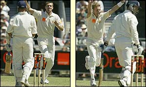 Glenn McGrath dismisses Alec Stewart and Brett Lee claims the wicket of Craig White