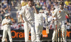 Chris Silverwood walks back to his mark as Australia's batsmen pile on the runs