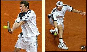 Safin hits a strong forehand towards Paul-Henri Mathieu in the final of the Davis Cup