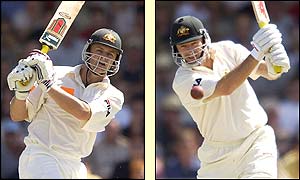 Adam Gilchrist and Steve Waugh in action on day two at the Waca