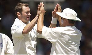 Craig White celebrates taking the wicket of Ricky Ponting on his way to taking 5-126