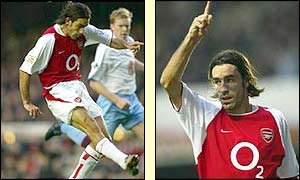 Robert Pires scores the opening goal at Highbury and celebrates putting Arsenal ahead