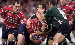 Gloucester hooker Olivier Azam drives at the London Irish defence 