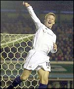 Teddy Sheringham celebrates after firing Spurs ahead