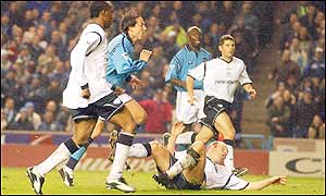 Eyal Berkovic (centre) scores City's second