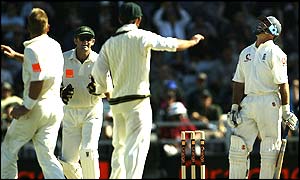 Nasser Hussain looks to the heavens after being given out 