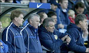 Terry Venables and the rest of his coaching team watch anxiously 