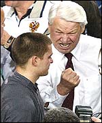 Boris Yeltsin (right) is delighted by Russia's victory