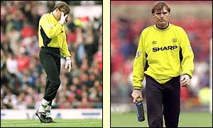 Manchester United's Massimo Taibi allows a Matt Le Tissier effort to slip through his legs as Southampton earn a 3-3 draw at Old Trafford