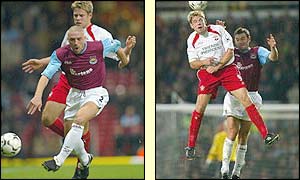 James Beattie battles against West Ham's Tomas Repka and Christian Dailly