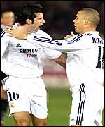 Luis Figo (left) and Ronaldo celebrate the opening goal