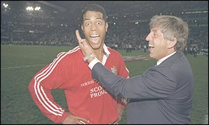 Jeremy Guscott and Ian McGeechan celebrate the Lions' 2-1 series sucess in South Africa 