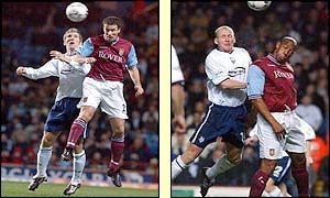 Aston Villa's Ronny Johnsen jumps with Preston North End's Richard Cresswell and Villa's Dion Dublin clashes with Preston North End's Colin Murdock