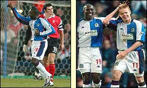 Dwight Yorke and Damien Duff celebrate scoring for Blackburn