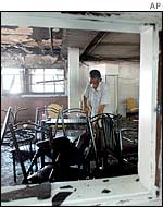 An East Timorese cleans at a damaged hotel in Dili, 5 Dec 2002. 