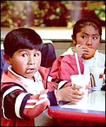 Bolivian children eating at a McDonald's restaurant in La Paz