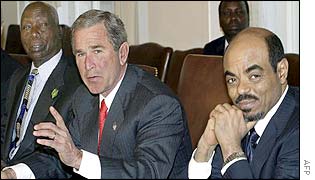 From left, Kenyan President Daniel arap Moi, US President George W Bush and Ethiopian Prime Minister Meles Zenawi