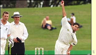 India's Ajit Agarkar bowls at pace 