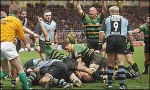 Northampton celebrate Mark Soden's opening try