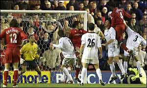 Ugo Ehiogu climbs above the West Ham defence to score for Middlesbrough