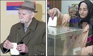 Left picture: A man carries casts his ballot in the polling station in Belgrade. Right picture: A gypsy woman votes in Nis, 250km south of Belgrade