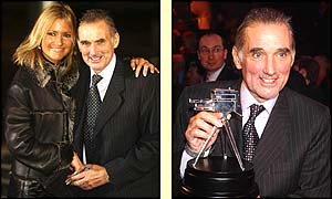 George Best arrives with his wife Alex and later poses with his trophy