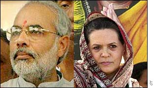 Caretaker BJP chief minister Narendra Modi (left) and Congress President Sonia Gandhi 
