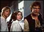 Luke Skywalker (Mark Hamill), Princess Leia (Carrie Fisher), and Han Solo (Harrison Ford) onboard the Death Star in the film Star Wars