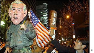 Protestors in South Korea with an effigy of George W Bush