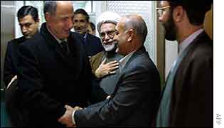 Ahmad Chalabi (left), Iraqi opposition figure, meets officials in Iran